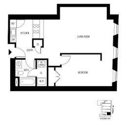 A black and white floor plan of a home with a living room, kitchen, bathroom, and bedroom.