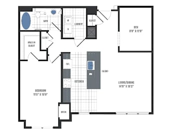 A floor plan of a small apartment with a living room, kitchen, and bathroom.