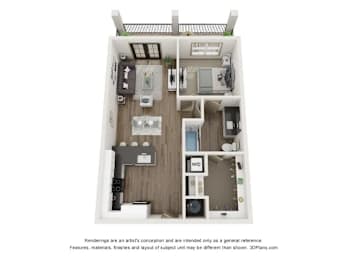 A 3D floor plan of a small apartment with a kitchen, living room, and bathroom.