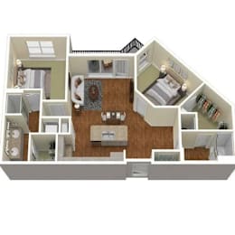 A 3D floor plan of a house showing a kitchen, living room, and bedrooms.