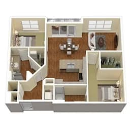 A floor plan of a house with a kitchen, living room, and two bedrooms.