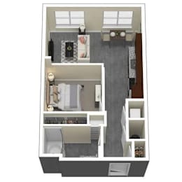 A floor plan of a small apartment with a kitchen, living room, and bathroom.