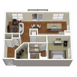 A top-down view of a house layout with a kitchen, living room, and bedrooms.