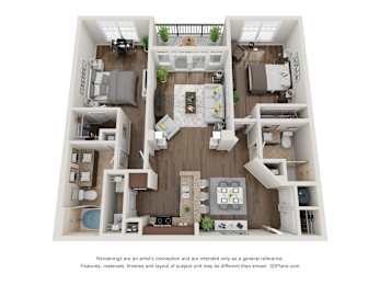 A 3D floor plan of a house with a kitchen, living room, and dining area.