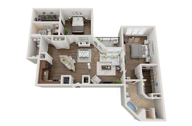 A 3D floor plan of a house with a kitchen, living room, bedrooms, and bathrooms.