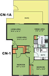 Floor Plan  A floor plan of a living space with two bedrooms, a living area, a dining area, a kitchen, and a bathroom.