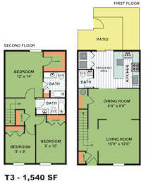 Floor Plan  A diagram of a T3 1,540 square foot home with a first and second floor plan.