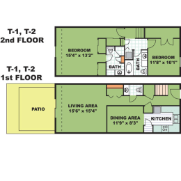Floor Plan  Two Bed Two and a Half Bath Townhome (T1)
