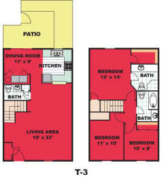 Floor Plan  Three Bed Two and a Half Bath Townhome (T3)