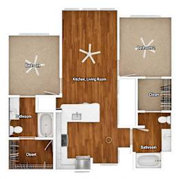 A floor plan of a house with two bedrooms, a kitchen, a living room, and two bathrooms.