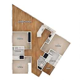 A floor plan of a house with a kitchen, living room, and three bedrooms.