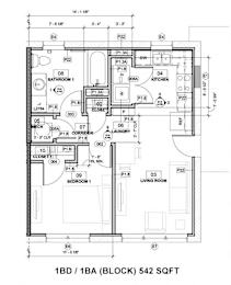 Floor Plan  A floor plan for a 1BD/1BA (Block) property measuring 542 sqft.