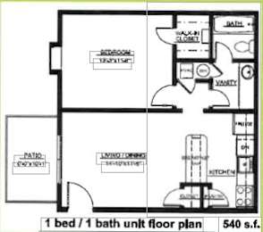Floor Plan  A floor plan of a 540 square feet bedroom with a bath.