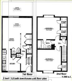 Floor Plan  A floor plan of a two bedroom, 1.5 bath townhouse.