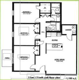 Floor Plan  A black and white image of a 3 bedroom/2 bath unit floor plan.