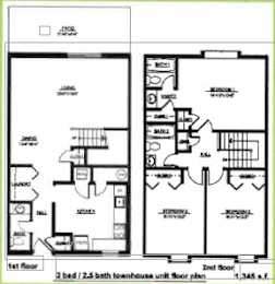 Floor Plan  A black and white image of a 3 bedroom/2.5 bath townhouse unit floor plan.