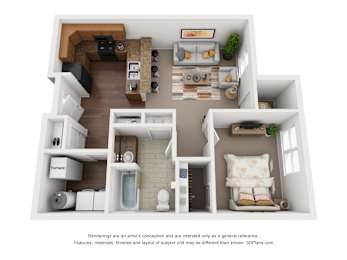 Floor Plan  A 3D floor plan of a small apartment with a kitchen, living room, and bathroom.