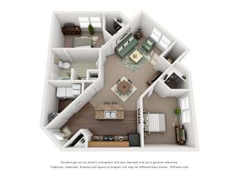 Floor Plan  A 3D floor plan of a house with a living room, kitchen, dining room, and bedrooms.