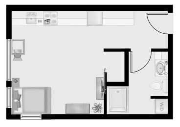 a floor plan of a small room with a bathroom and a couch  at Oslo, Seattle, 98102