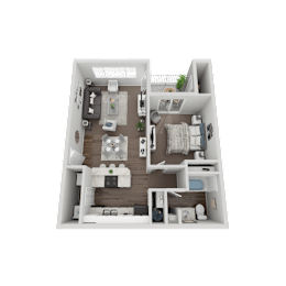A 3D rendered image of a small apartment layout.