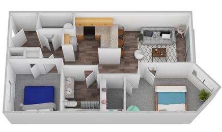 an overhead view of our studio apartment floor plan at 6 Wood Flats, Washington, 98503