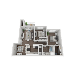 A 3D floor plan of a house with multiple rooms and furniture.