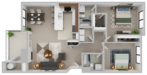 3D floor plan of a 2 bedroom, 2 bathroom apartment at Sunrise Lane Apartments in Everett WA