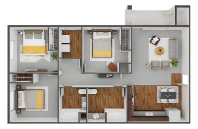 A floor plan of a 3 bedroom apartment with virtual staging.at Canyon View, Lewiston, 99336
