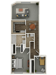 A 3D floor plan of a small apartment with a living room, kitchen, and bedroom.