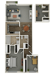 A top-down view of a house layout with a living room, kitchen, dining area, and bedrooms.