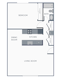 A floor plan of a room with a bedroom, dining room, kitchen, and living room at Melrose on 91.