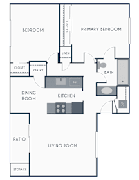 A floor plan of a house with a living room, dining room, kitchen, pantry, two bedrooms, and a bathroom at Melrose on 91.