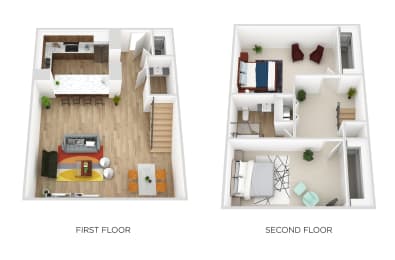 a stylized floor plan of the first floor and the second floor