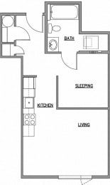 Open one bedroom floor plan at The Duo, University Place Washington