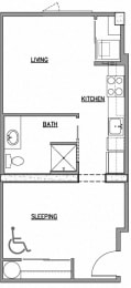 Open one bedroom floor plan at The Duo, University Place, WA