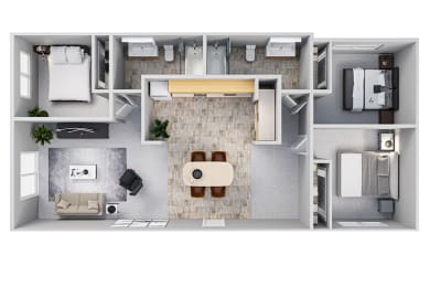 A floor plan of a three bedroom apartment at Wildflower, Kennewick, WA