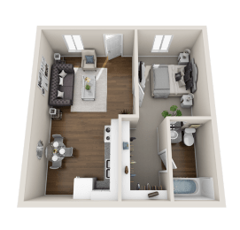 A floor plan of a 1 bedroom apartment.at Woodland Crossing , California