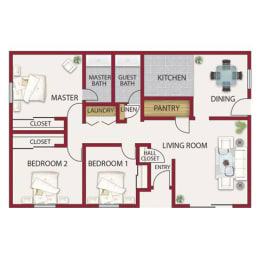 Lancaster Floor Plan at Castle Vista Senior Duplex Community, Atwater, CA, 95301