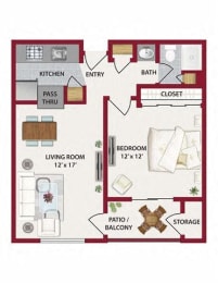 One Bedroom Floor Plan at Lodi Commons Senior Living, Lodi California