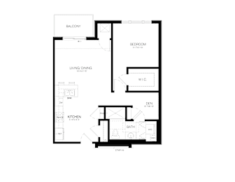 A black and white floor plan of an apartment with a living area, dining area, kitchen, bathroom, and bedroom.