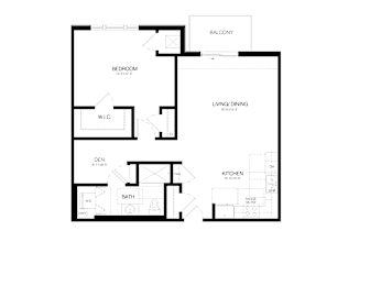 A black and white floor plan of a house with a balcony, living/dining room, kitchen, and bath.