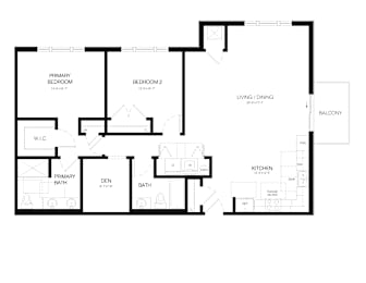 A black and white floor plan of a house with a primary bedroom, a den, a bath, a kitchen, a living/dining area, and a balcony.