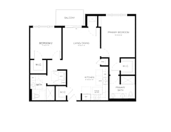 A floor plan of a house with a balcony, two bedrooms, a living/dining area, a kitchen, and a primary bath.