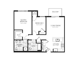 A floor plan of a house with a master bedroom, two bathrooms, a balcony, a living/dining area, and a kitchen.