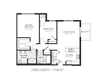 A floor plan of a 2 bedroom, 2 bathroom apartment.