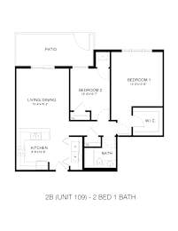A floor plan of a 2 bedroom, 1 bath unit.