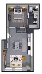 A top-down view of a modern apartment layout with a kitchen, living room, and bathroom.