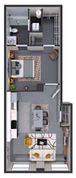 A floor plan of a small apartment with a kitchen, living room, and bathroom.