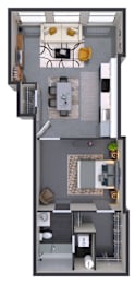 A floor plan of a small apartment with a kitchen, living room, and bathroom.