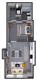 A floor plan of a small apartment with a kitchen, living room, and bathroom.
